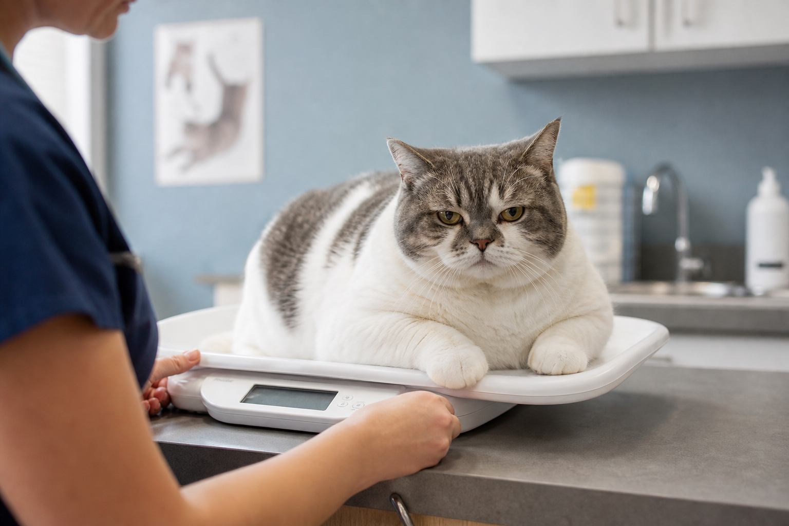 Gato gordo no check-up: o bizu do peso ideal