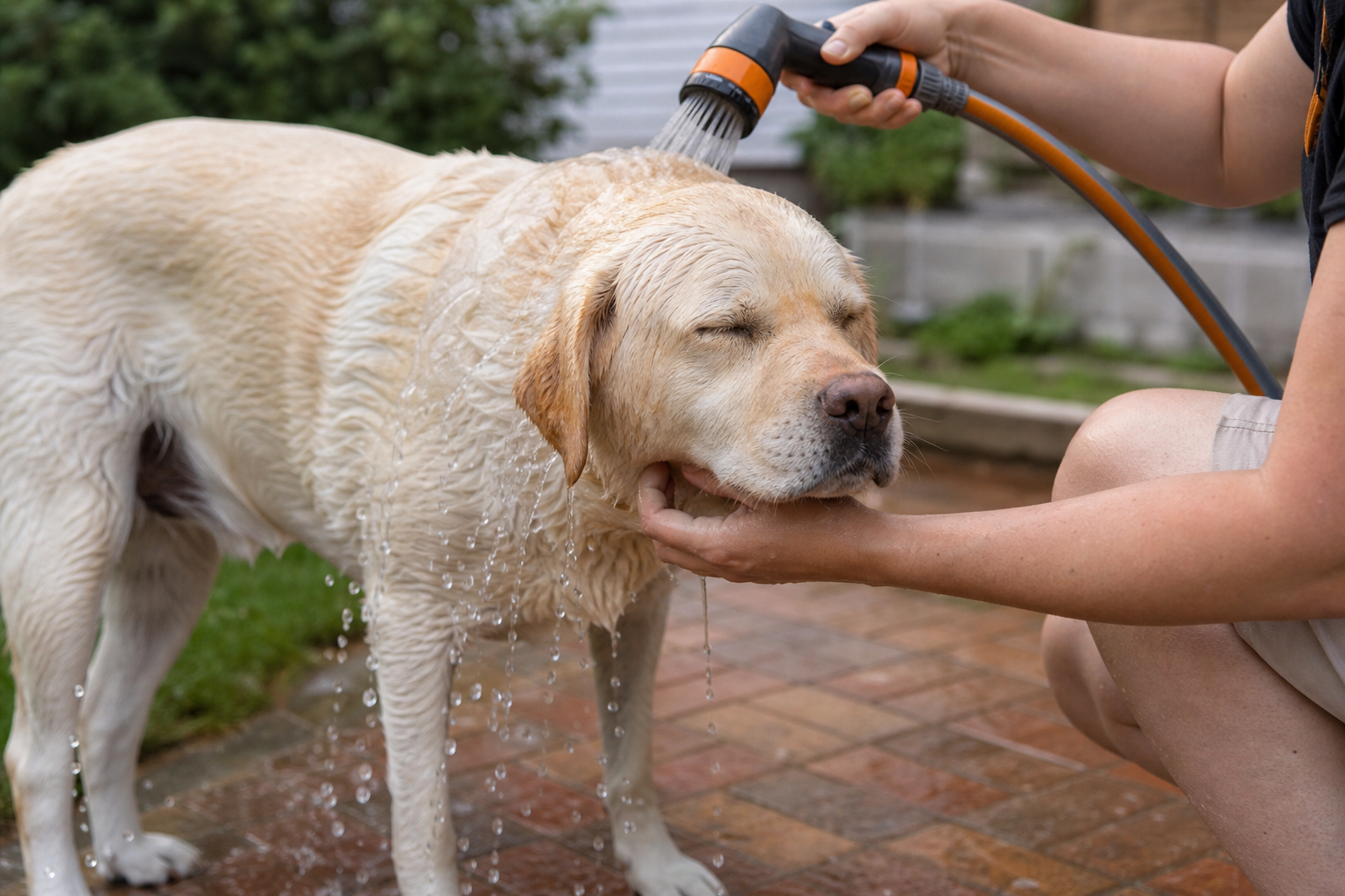 Cão no banho de mangueira: o bizu da pressão